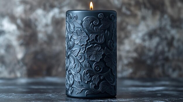 Photo a black ghost festival style round column candle with embossed flower patterns on it covered with c