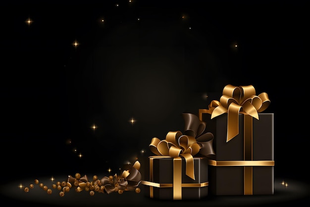 black gift 3D boxes with gold ribbon with black background