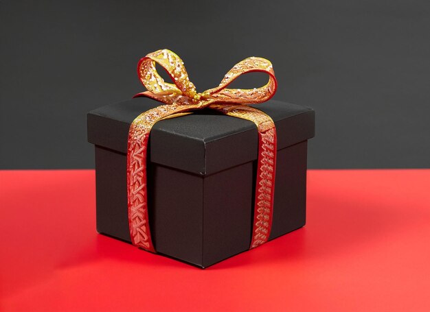 Black gift box on red and black background