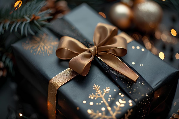 A black gift box sitting on top of a christmas tree