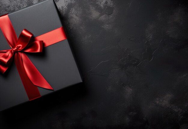 Black gift box tied with a red ribbon