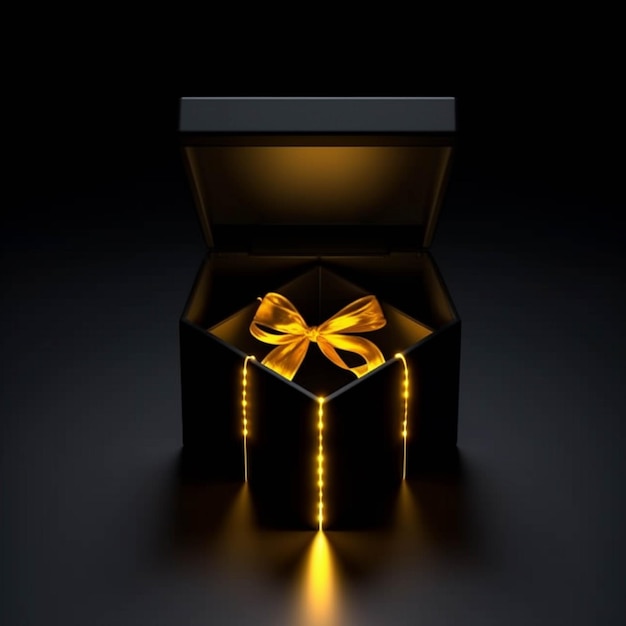 Black gift box with gold bow on dark background 3D rendering