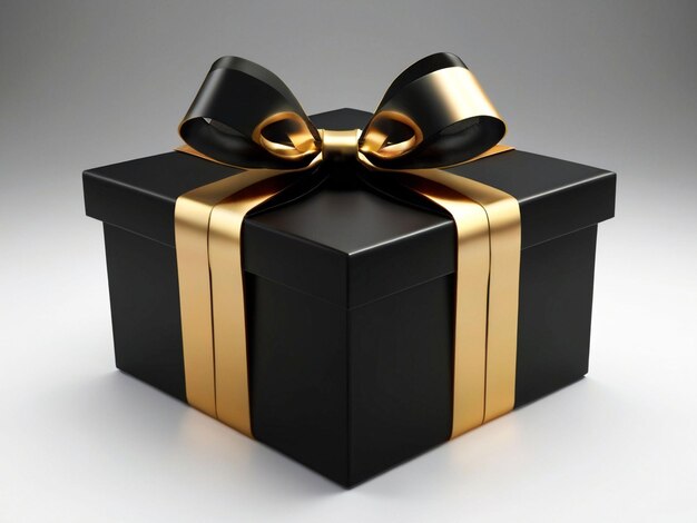 A black gift box with a gold bow