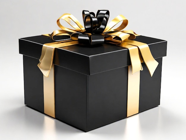 A black gift box with a gold bow