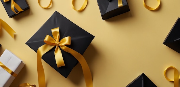 a black gift box with a gold ribbon and a bow on it