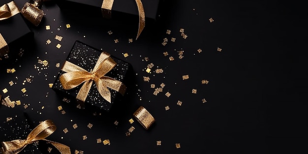 A black gift box with gold ribbon and gold bow on a black background