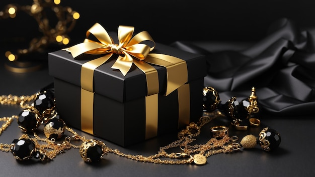 A black gift box with a gold ribbon wrapped around a separate lid with a bow on top Next to the box