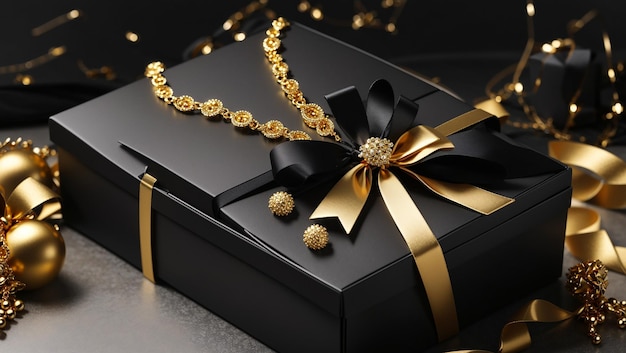 A black gift box with a gold ribbon wrapped around a separate lid with a bow on top Next to the box