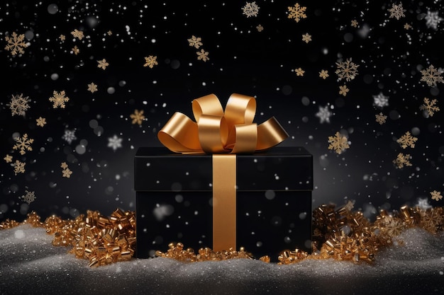 Black gift box with golden bow and snowflakes on black background AI generated illustration