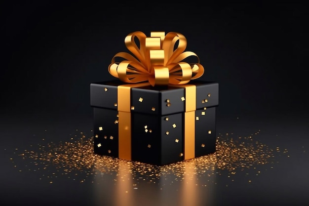 Black gift box with golden ribbon isolated on Black Background 3d illustration of black gift box with gold ribbon Generative AI