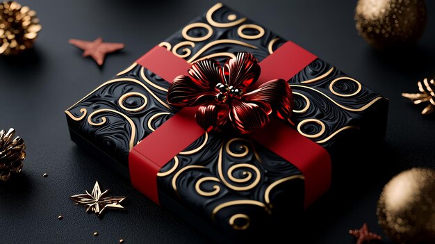 Photo black gift box with red ribbon and gold trim on a dark background surrounded by golden ornaments