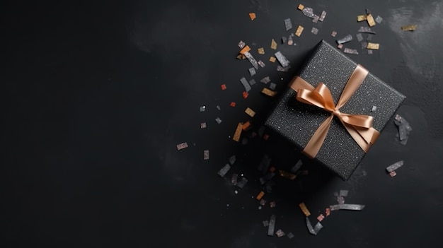 Black Gift Box with Ribbon Flat Lay View Generative AI