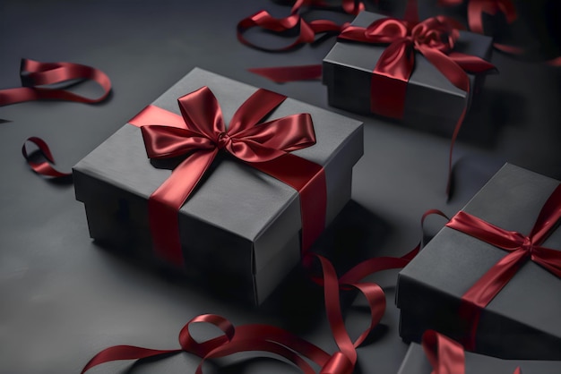 black gift box wrapped with red ribbons black friday concept