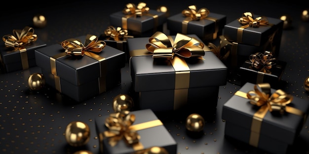 Black Gift Boxes with Gold Ribbon on Black Studio Background Generative AI