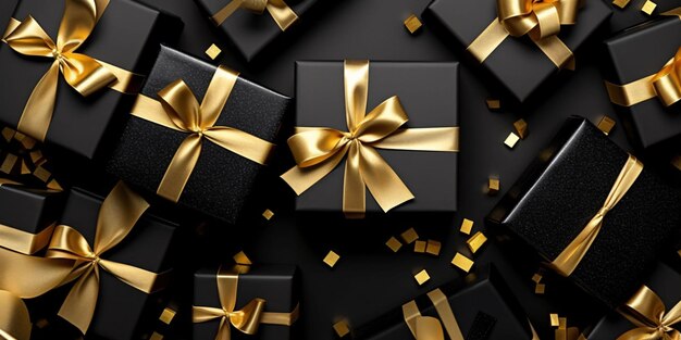 Black Gift Boxes with Gold Ribbon on Black Studio Background Generative AI