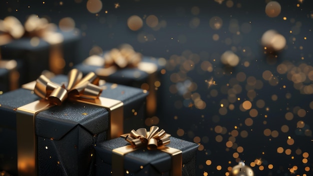 Black gift boxes with gold ribbons on a black background