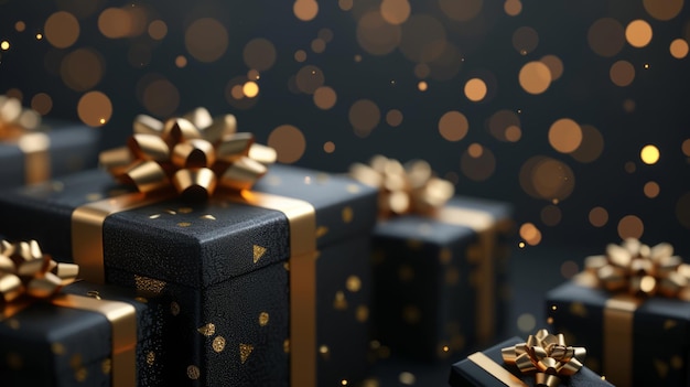 Black gift boxes with gold ribbons on a black background