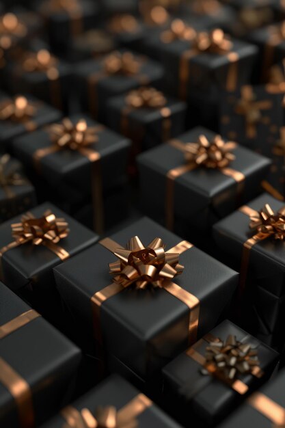 Black gift boxes with gold ribbons on a black background