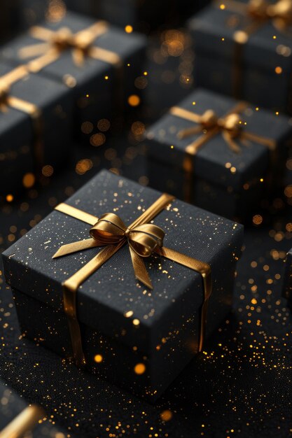 Black gift boxes with gold ribbons on a black background