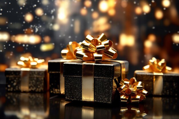 Black gift boxes with golden bows on the background of bokeh effect Generative AI