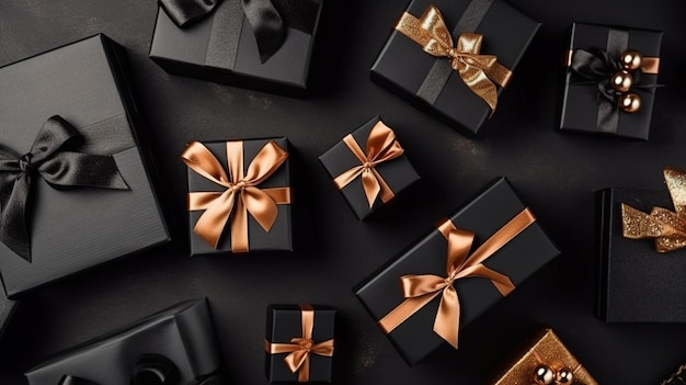 Black Gift Boxes with Ribbon Flat Lay View Generative AI