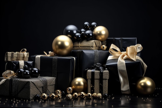 Black giftBlack Friday Top view christmas boxes with ribbon on black b boxes on a black background