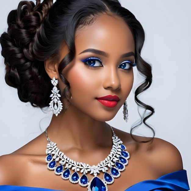 black girl debutante with blue eyeshadow and a blue dress with blue eyeshadow