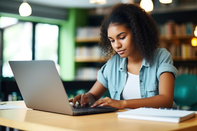 Black girl student using laptop computer in university library sitting at desk and learning online