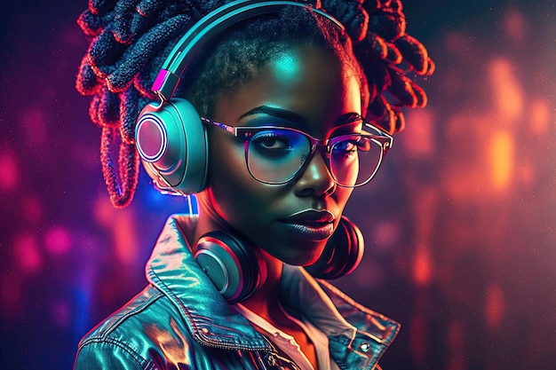 A black girl wearing headphones with a confident and stylish pose The girl's expression is focused suggesting she is listening to music podcast Generative AI