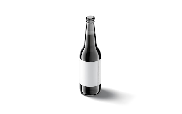 Black glass beer bottle with white label. Cold glassy vial with sticker. Lemonade or soda pack.