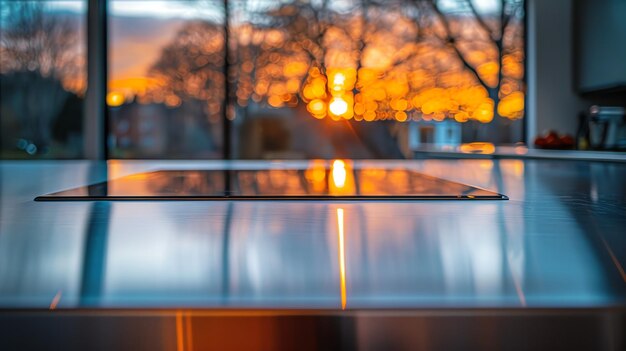 Photo black glass tabletop with sunset reflection