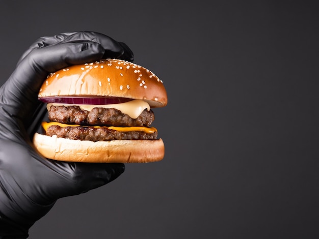 black glove hand holding a burger isolated on a black background