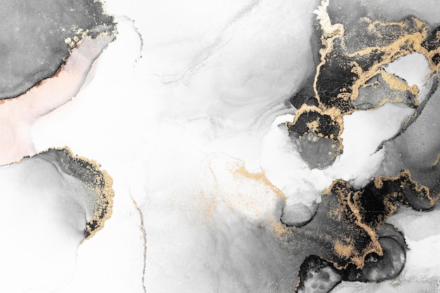 Black gold abstract background of marble liquid ink art painting on paper