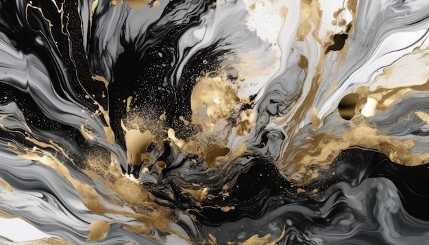 Black and gold Abstract background with golden glitters Smooth fluid lines pattern Ink art Modern banner design Trendy cover with wavy black and gold lines With copy space Generative AI