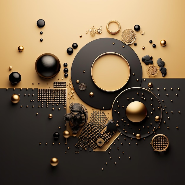 a black and gold background with a gold circle and black and white circles