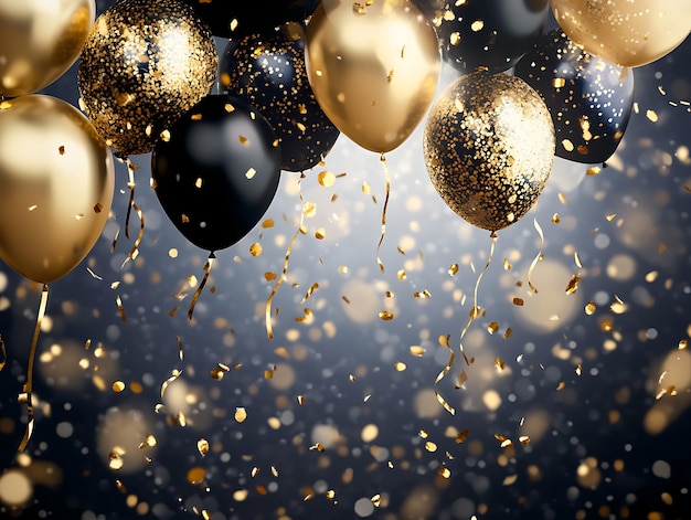 Black and gold balloon cluster with ribbons and confetti against a gray background perfect for celebrating New Years Eve birthdays or luxury events with an elegant festive vibe