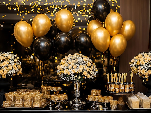 Photo black and gold balloon cluster with ribbons and confetti against a gray background perfect for celebrating new years eve birthdays or luxury events with an elegant festive vibe