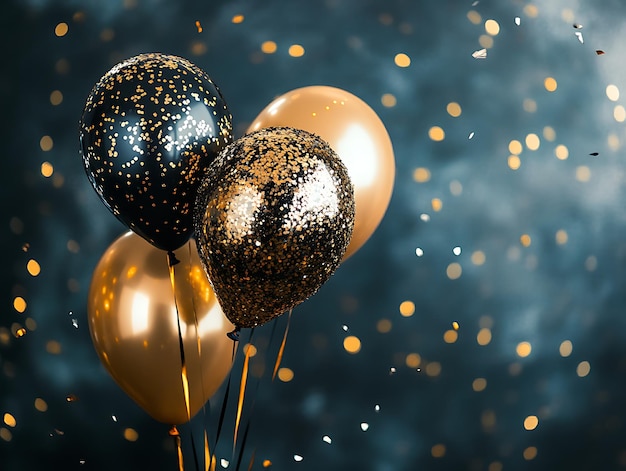 Black and gold balloon cluster with ribbons and confetti against a gray background perfect for celebrating New Years Eve birthdays or luxury events with an elegant festive vibe