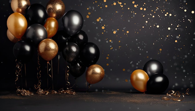 A black and gold balloon with black and gold balloons floating in the air