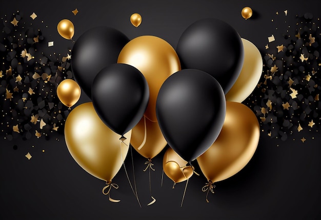 Black and gold balloons on a black background with confetti 3d illustration generative ai