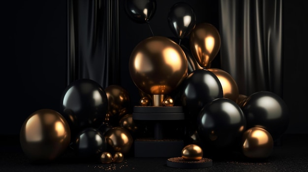 Black and gold balloons and a black curtain