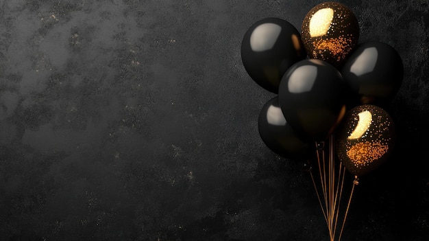 Photo black and gold balloons on dark background