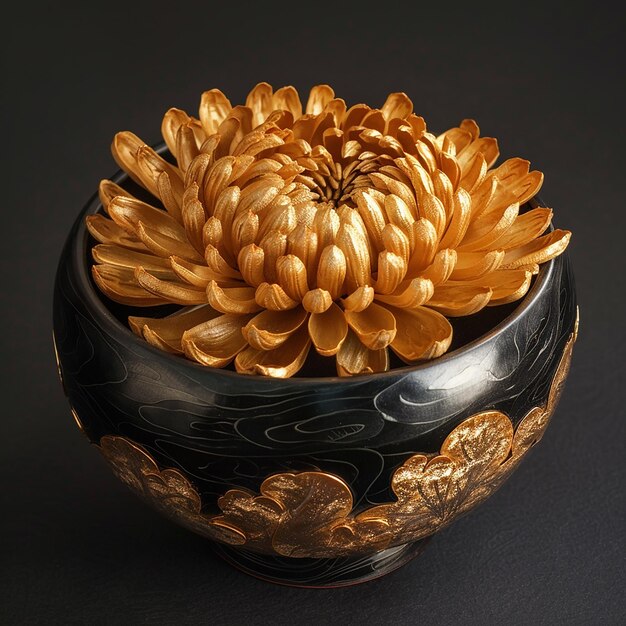 a black and gold bowl with a flower on it