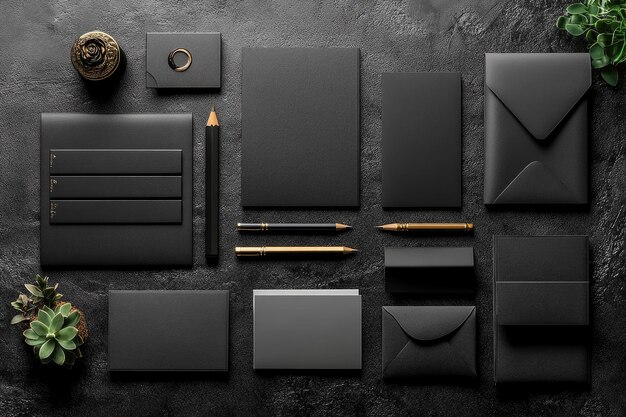 Photo black and gold branding mockup on dark background