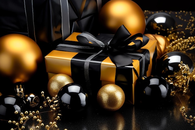 A black and gold christmas gift with gold ornaments