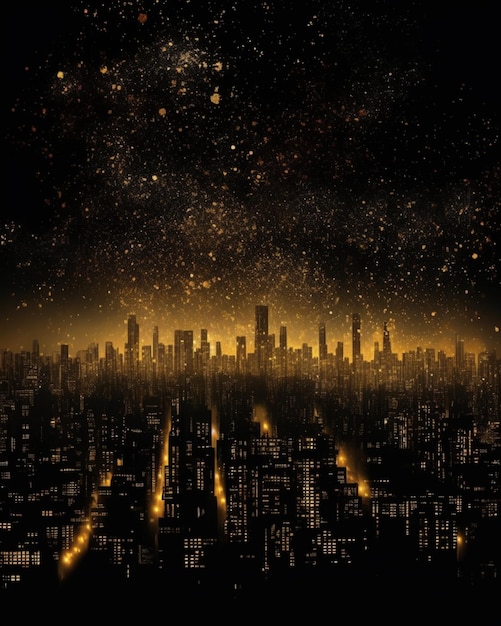 A black and gold cityscape with the night sky and the city lights.