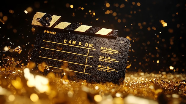 Photo a black and gold clapperboard sits on a bed of gold glitter with sparkling lights in the background