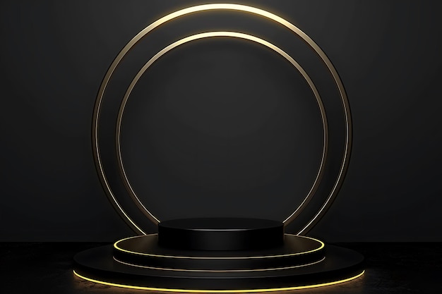 Black and gold color podium with neon lines for product presentation background