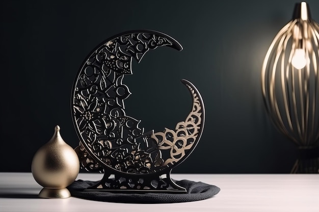 A black and gold crescent moon sits on a table next to a gold lamp.