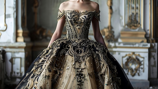 Photo black and gold embroidered ball gown